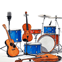 Strumenti musicali vari per eventi live: chitarre, batteria, violini