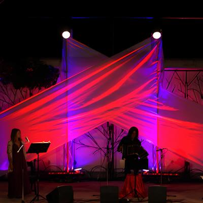 Spettacolo musicale con trio dal vivo e illuminazione scenografica a led rosso e blu su fondale geometrico