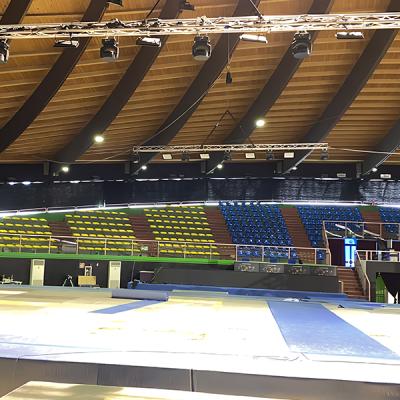 Palazzetto dello sport vuoto con tappeti da gara e tribune multicolore