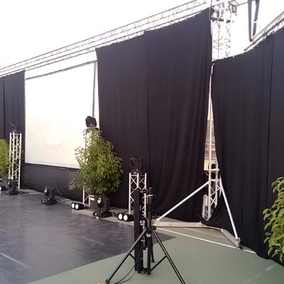 Allestimento palco con fondale nero, illuminazione teatrale e piante ornamentali ai lati della scena