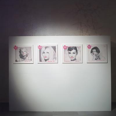 Parete espositiva con quattro ritratti pop art in bianco e nero di icone femminili famose